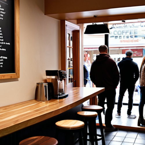 **Image of a customer waiting in a long line at a popular coffee shop.** Focus on the customer's facial expression, conveying a sense of impatience or slight annoyance. Include details like other customers, the coffee shop interior, and perhaps a glimpse of the menu board. The overall mood should reflect the "Pain Point" of long wait times.