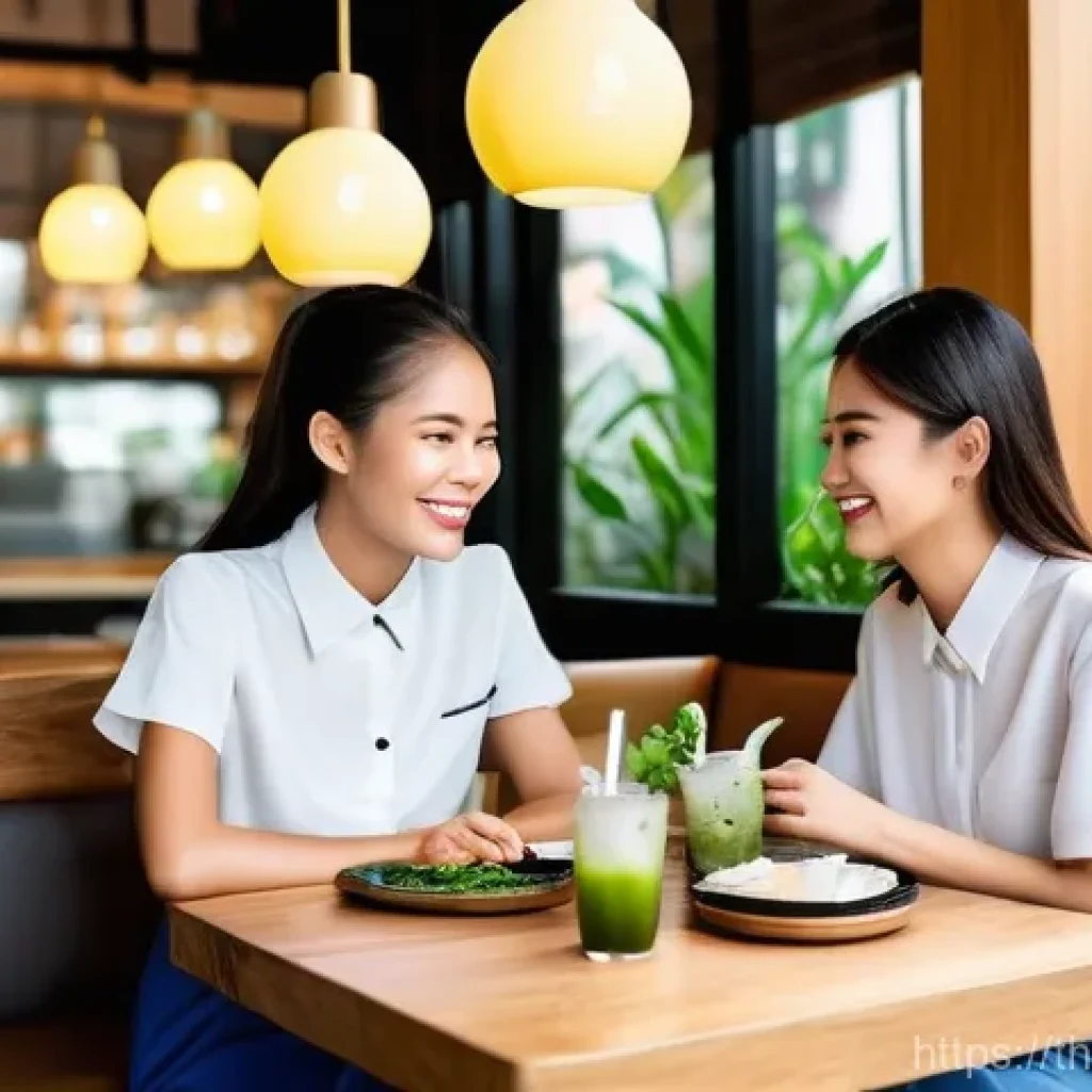 다양한 산업에서의 고객 여정 맵 예시 - **Prompt: "A bustling, inviting modern cafe in the trendy Thonglor area of Bangkok, Thailand, during...