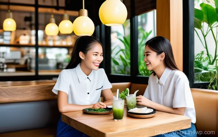 다양한 산업에서의 고객 여정 맵 예시 - **Prompt: "A bustling, inviting modern cafe in the trendy Thonglor area of Bangkok, Thailand, during...