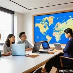 고객 경험 여정 맵을 활용한 사례 연구 - A modern Thai office scene showing a diverse marketing team collaborating around a large digital scr...