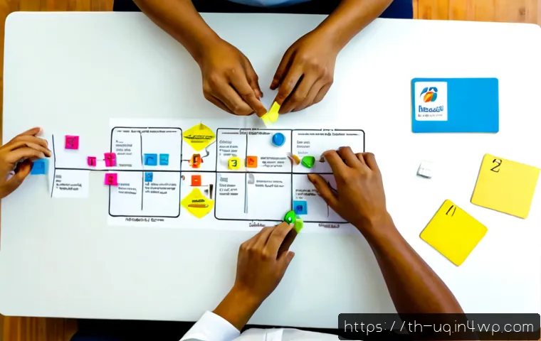 Home 29 시각적 고객 여정 맵 만들기 - Photorealistic overhead view of a Thai marketing team creating a visual customer journey map on a la...